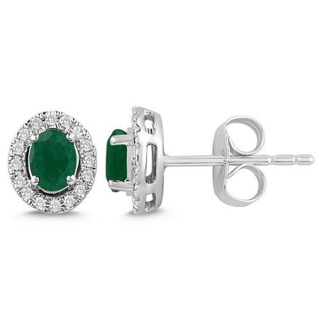 Oval Shaped Emerald and Diamond Halo Earrings 