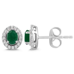 Oval Shaped Emerald and Diamond Halo Earrings 